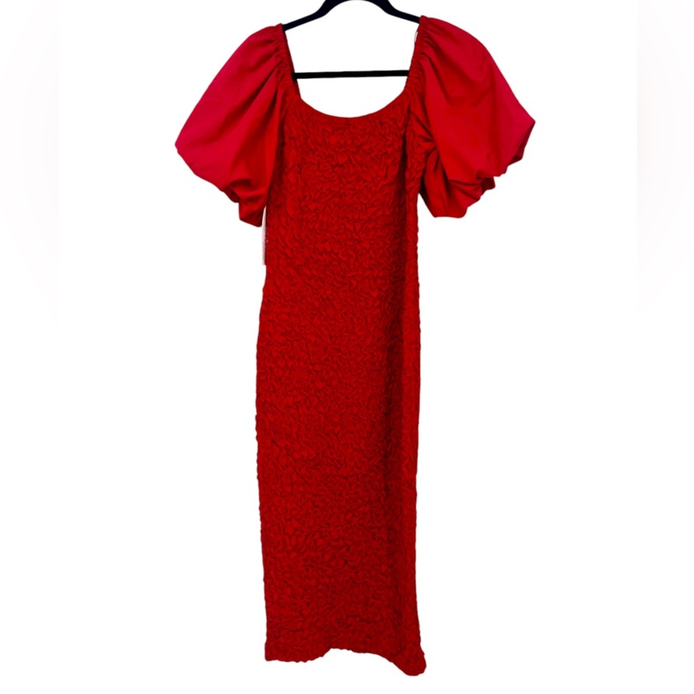Anthropologie Dolan Red Puff Sleeve Pebble Smocked Ruched Midi Dress Size XS - Picture 5 of 12